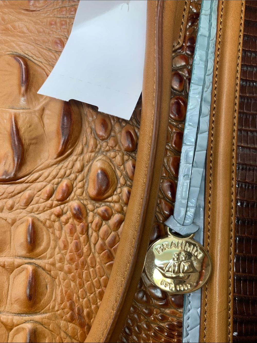 Brahmin Tan and Dark Brown Croc-Embossed Leather Tote with Gold Charm - Picture 2 of 7